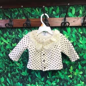 Baby Girl Sweater 6-18 months, Beaded Lace Hearts, Black White Polka Dots